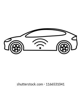 Connected car line icon. Car side view and wi-fi, gps, wireless navigator or alarm signal. Vector Illustration