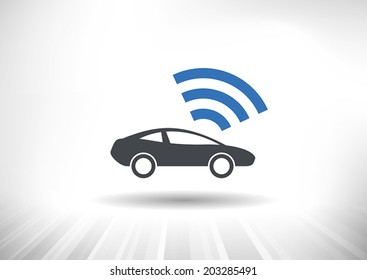 The Connected Car. Smart Car Icon With Wireless Connectivity Symbol. Side View. Fully Scalable Vector Illustration.