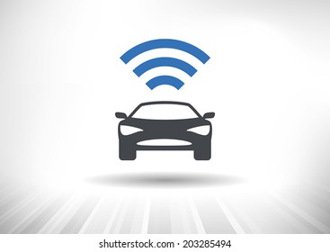 The Connected Car. Smart Car Icon With Wireless Connectivity Symbol. Front View. Fully Scalable Vector Illustration.