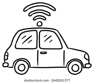 Connected Car with Wi-Fi Signal Hand Drawn Sketch Line Art Clip Art