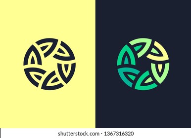 Connected circle with green leaves - plant logo. Logo US.