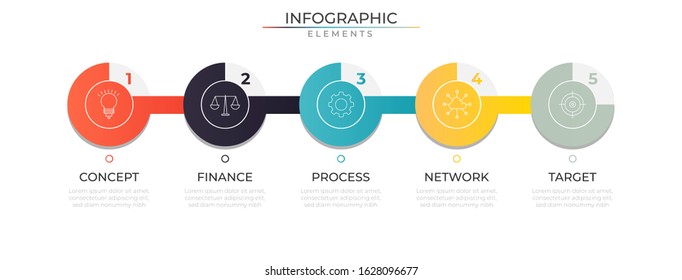 Connected circle Infographic design template with icons and five options. Vector for company and corporate business project and presentation. Eps 10
