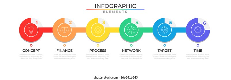 Connected circle infographic design template with icons and six process step. Vector illustration for company and corporate business project and presentation. Eps 10