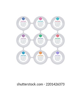 connected circles infographic template. nine options infographic template. education, business, magazine, internet, annual report information template