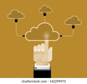 Connected Cloud Computing symbols with human hand. Idea - Cloud Computing telecommunications. Enjoy!