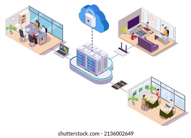 Connected to cloud storage business people work at office, at home and cafe, flat vector isometric illustration. Data storage, cloud computing technology. Remote work. Global outsourcing and teamwork.