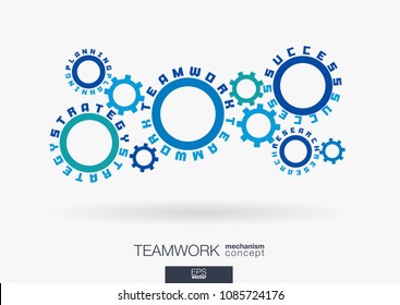 Connected cogwheels concept. Teamwork success, strategy plan, research words. Integrated gears, text. Business team work communication idea. Cog wheel collaboration mechanism. Vector infograph system