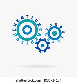 Connected cogwheels. Creative ideas words. Integrated gears and text. Inspiration, development plan, startup challenge idea. Typography system concept. Cog wheel solution mechanism. Vector infograph.