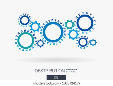 Connected cogwheels. Logistic, destribution, delivery, transport and export words. Integrated gears whith text. Shipping service idea. Typography system concept. Cog wheel mechanism. Vector infograph.