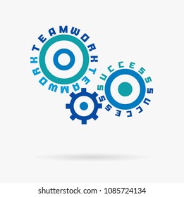 Connected cogwheels, teamwork, success words. Integrated gears, text. Communication business, team work partnership idea. Typography system concept. Cog wheel collaboration mechanism. Vector infograph