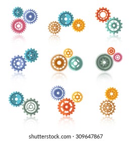 Connected color gears on two-three icons set isolated vector illustration