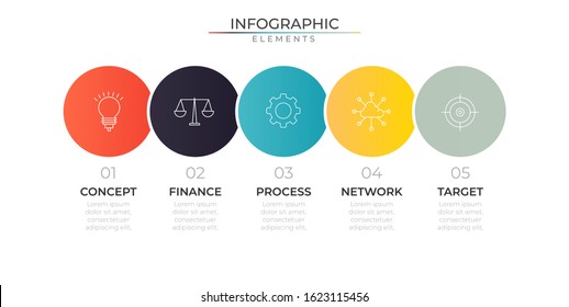 Connected colorful circle infographic design template with icons and five steps process. Vector for company or corporate business project and presentation. Eps 10