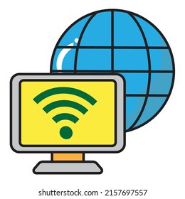 A connected computer to internet with a globe behind - communication illustration - icon , vector 