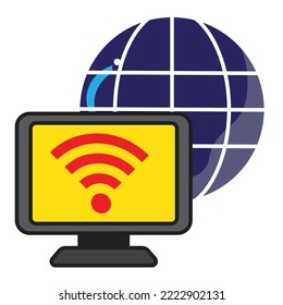 A connected computer to internet with a globe behind - communication illustration - icon , vector 