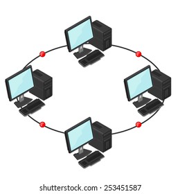 Connected computers for communication and Data Sharing. Isometric Computer Network. PC Computers Sharing Data.