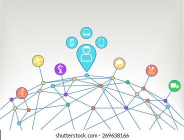 Connected consumer devices like notebook, tablet, smart phone, smart watch with industrial internet of things. World grid with connections between different cities / dots.
