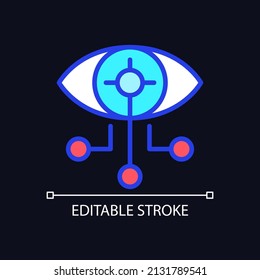 Las lentes de contacto conectadas representan un icono de color RGB perfecto para el tema oscuro. Tecnología para la corrección de la visión. Dibujo de línea simple relleno en el fondo del modo nocturno. Trazo editable. Tipo de letra arial utilizado