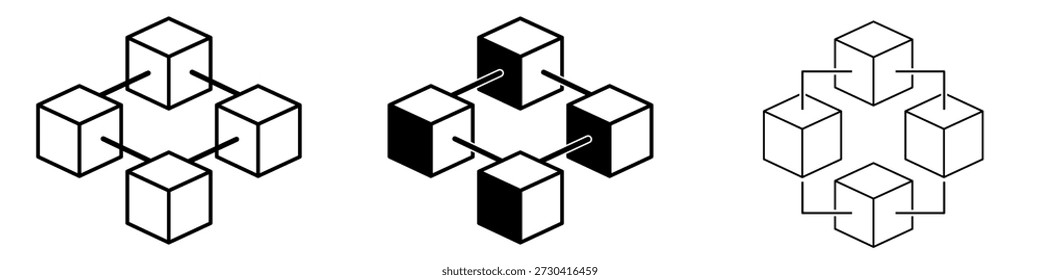 Formas de cubo preto conectadas formando uma estrutura de rede blockchain simples. Conjunto de ilustração vetorial com blocos vinculados, editável e escalável, isolado no fundo branco.