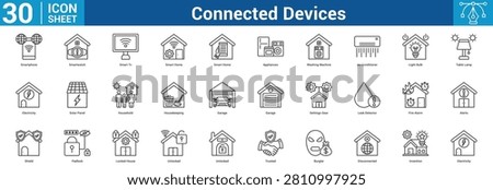 Connected Devices editable icon set vector illustration concept for business with icon of Smartphone, Smartwatch, Smart Tv, Smart Home, Smart Home, Appliances, Washing Machine, Air Conditioner, Ligh.
