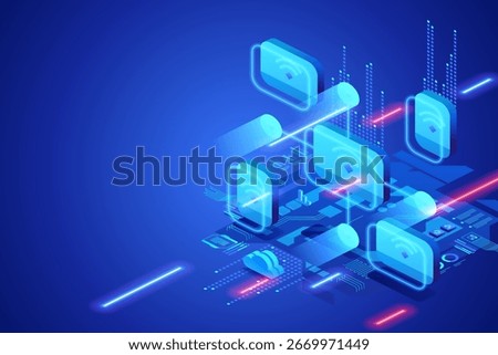 Connected devices in smart factory of IoT integration, wireless sensors, cloud systems and digital automation for efficient industrial communication networks.  isometric vector illustration 
