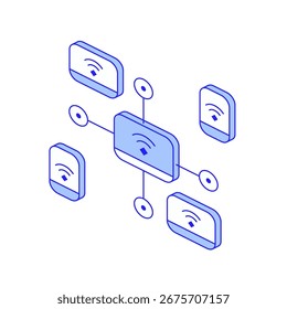 Icono isométrico de fábrica inteligente de dispositivos conectados. Conectividad inalámbrica entre dispositivos inteligentes en un entorno de fábrica. Automatización basada en IoT, intercambio de datos en tiempo real e infraestructura digital