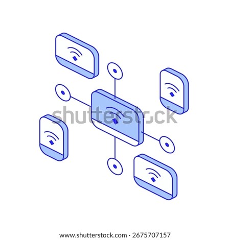 Connected devices smart factory isometric icon. Wireless connectivity between smart devices in a factory environment. IoT-based automation, real-time data exchange and digital infrastructure