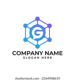 Connected dot in hexagon with the letter G in bubble chat shape signify the connecting and networking business community in modern and minimalist style.