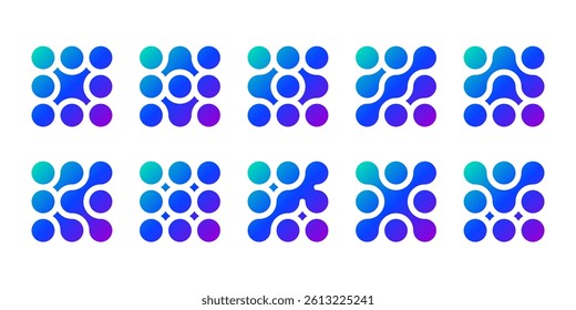 Connected dot icon, abstract tech logo. Vector shape science pattern, integration innovation symbol. Liquid circles merge into blob drops, medical data network metaball design. Round nano morph square