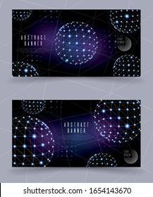 Connected Dots and Lines Creating Speres or Balls Website Header, Banners Set Design Cartoon Vector Illustration. Geometric Abstract Figures. Plexus on Dark Background with Shining Dots.