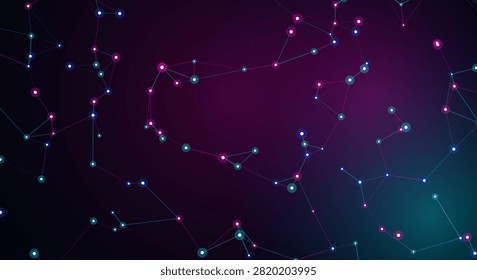 Connected dots and lines representing network communication link in purple gradient background with abstract digital nodes.