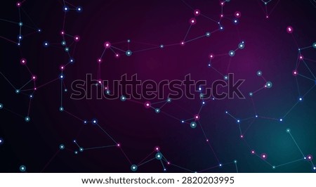 Connected dots and lines representing network communication link in purple gradient background with abstract digital nodes.
