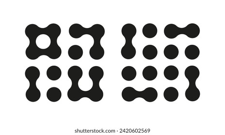 Connected dots vector signs. Innovation abstract symbol. Circles simple organic pattern. Metaball icons. Point movement. Connected blobs. Metaballs transition. Set of flat logos. 