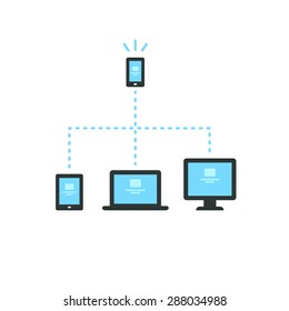 Connected electronic devices (smartphone, tablet, laptop and desktop computer) symbolizing cross platform web content.