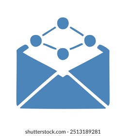 Ícone de email conectado. Ícone azul de email com círculos conectados. Representa comunicação e rede.