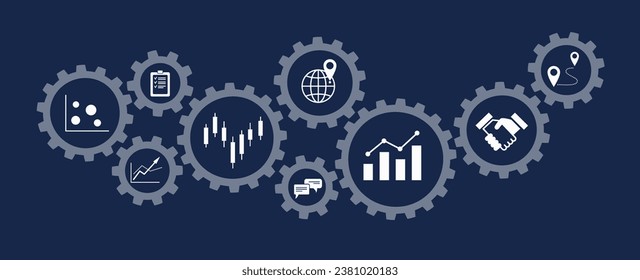 Cogs de engranajes conectados con gráficos financieros y gráficos. Concepto de gestión empresarial