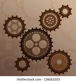 Connected gear cogs metal silhouette on a mechanical background