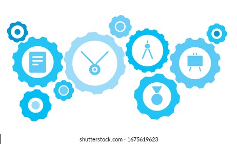 Connected gears and icons for logistic, service, shipping, distribution, transport, market, communicate concepts,blackboard gear blue icon set. Delivery mechanism concept.