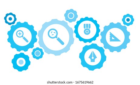 Connected gears and icons for logistic, service, shipping, distribution, transport, market, communicate concepts,degree square, drafting, geometry tool gear blue icon set.