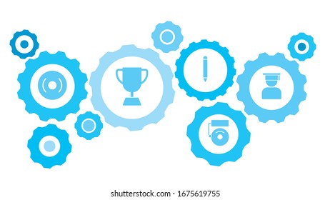Connected gears and icons for logistic, service, shipping, distribution, transport, market, communicate concepts,graduate, graduation, avatar gear blue icon set