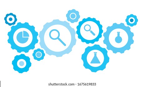Connected gears and icons for logistic, service, shipping, distribution, transport, market, communicate concepts,chemical flask gear blue icon set. Delivery mechanism concept.