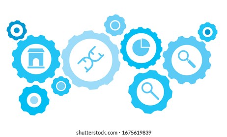 Connected gears and icons for logistic, service, shipping, distribution, transport, market, communicate concepts,search, loupe gear blue icon set. Delivery mechanism concept.