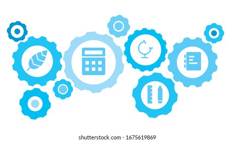 Connected gears and icons for logistic, service, shipping, distribution, transport, market, communicate concepts,document gear blue icon set. Delivery mechanism concept.