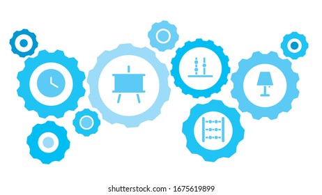 Connected gears and icons for logistic, service, shipping, distribution, transport, market, communicate concepts,lamp gear blue icon set. Delivery mechanism concept.