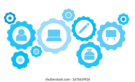 Connected gears and icons for logistic, service, shipping, distribution, transport, market, communicate concepts,blackboard gear blue icon set. Delivery mechanism concept.