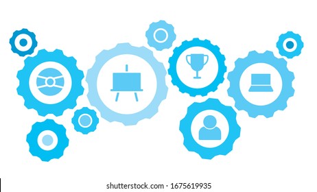 Connected gears and icons for logistic, service, shipping, distribution, transport, market, communicate concepts,computer gear blue icon set. Delivery mechanism concept.