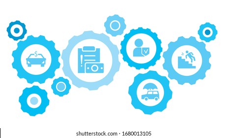 Connected gears and icons for logistic, service, shipping, distribution, transport, market, communicate concepts. Accident, fall. Insurance gear blue icon set