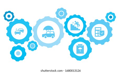 Connected gears and icons for logistic, service, shipping, distribution, transport, market, communicate concepts. Auto, car collision gear blue icon set