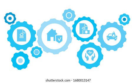 Connected gears and icons for logistic, service, shipping, distribution, transport, market, communicate concepts. Auto, car, compressive, coverage gear blue icon set