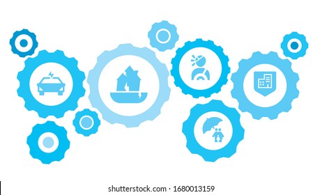 Connected gears and icons for logistic, service, shipping, distribution, transport, market, communicate concepts. Corporate, insurance, office, property gear blue icon set