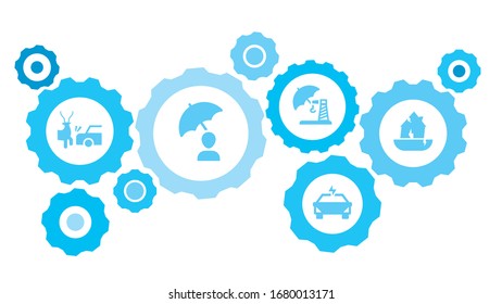 Connected gears and icons for logistic, service, shipping, distribution, transport, market, communicate concepts. Damage, earthquake, home, house gear blue icon set